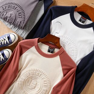 插肩撞色秋季长袖t恤男春秋设计感小众打底衫纯棉休闲字母印花潮
