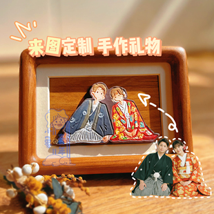 手工情侣结婚送闺蜜生日毕业礼物定制石塑粘土人偶相框宠物全家福
