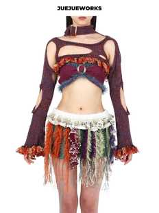 JUEJUEWORKS烂紫薯长袖外套原创高弹力纯手工毛线针织不对称上衣