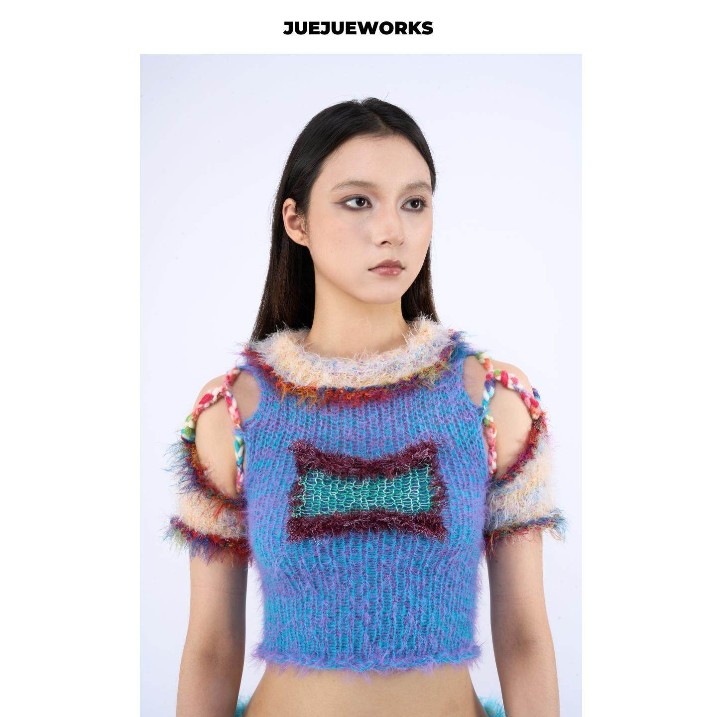 JUEJUEWORKS电视机背心短袖原创手工拼接毛线针织,女装/女士精品,毛针织衫,淘宝优惠券,粉丝福利购,淘宝优惠卷