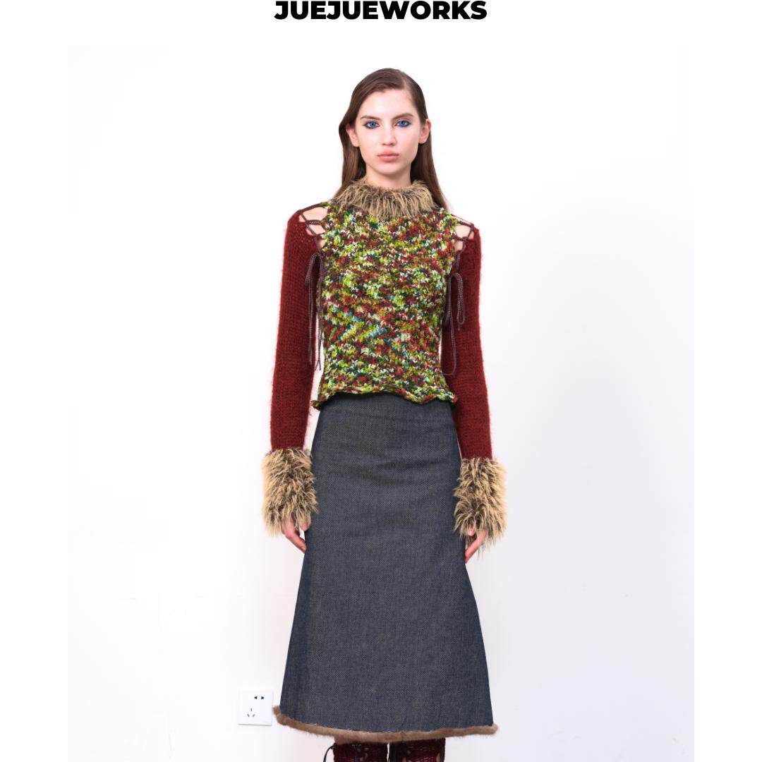 JUEJUEWORKS圣诞毛衣原创翻领撞色修身 高弹力纯手工毛线针织