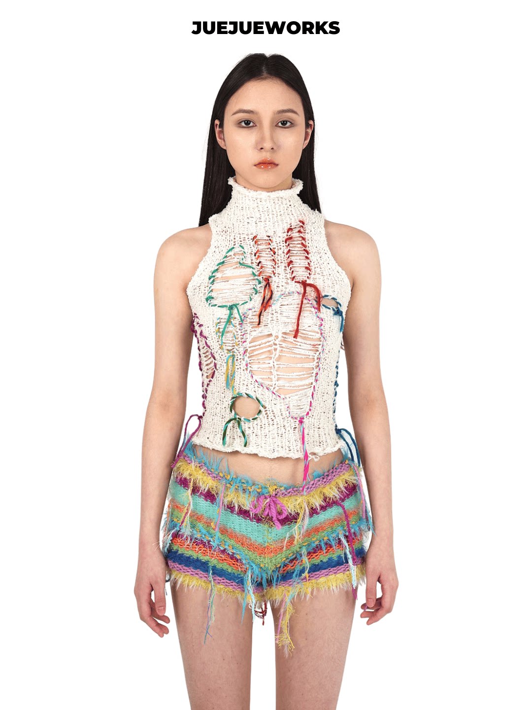 JUEJUEWORKS小月饼背心原创春季高弹力纯手工毛线针织不对称上衣