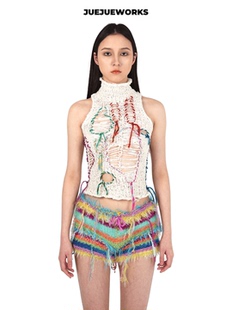 JUEJUEWORKS小月饼背心原创春季 高弹力纯手工毛线针织不对称上衣