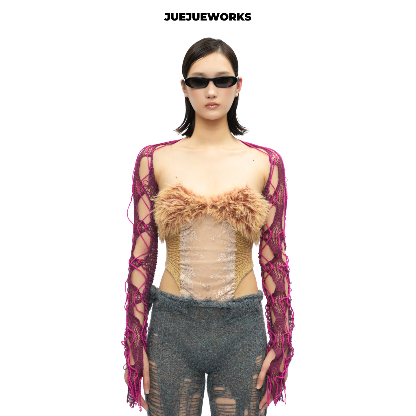 JUEJUEWORKS金羽毛背心原创春季高弹力可调节纯手工毛线针织上衣