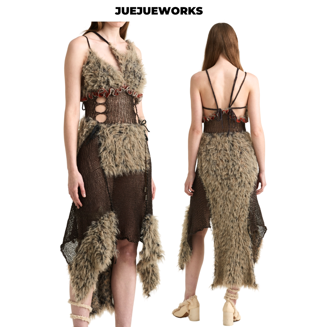 JUEJUEWORKS原创手工拼接毛线针织棕毛镂空连衣裙