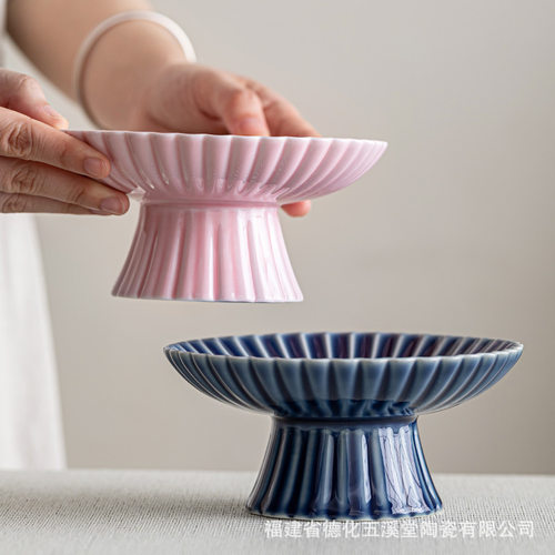 陶瓷高脚茶点盘大号果盆水果盘家用客厅瓜果茶室糖果茶碟中式干