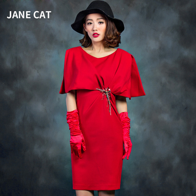 剪爱原创韩版简约V领无袖披肩斗篷式高腰钉珠修身婚礼连衣裙