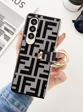 v-case 适用于三星Zfold4手机壳潮牌字母Galaxy W23 Flip皮纹壳fold折叠奢华指环皮质外壳