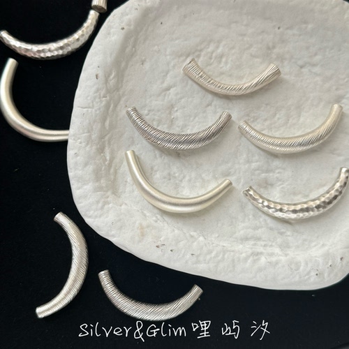 s999足银锤纹条纹做旧半镯弯管隔珠手镯 编手绳串手工diy银配件