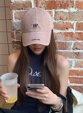 高品质！帽型ju好美式做旧粉色字母棒球帽子女大头围显脸小鸭舌帽