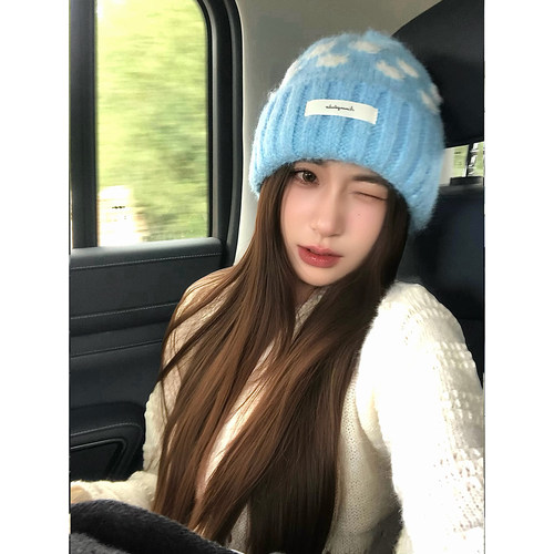 蓝色波点毛线帽显脸小双层冷帽