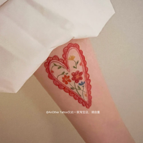 AnOtherTattoo红色复古蜡笔风花朵手臂纹身贴女买一送一防水