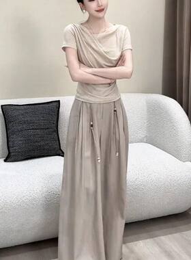2026夏季新款女韩版时尚褶皱短袖上衣高腰显瘦阔腿裤休闲两件套装