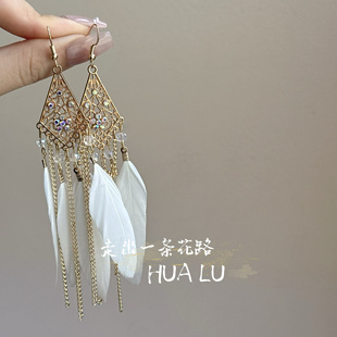 HUALU-楼兰月色~海边度假风复古名族风羽毛彩色耳环蚊香盘耳夹女