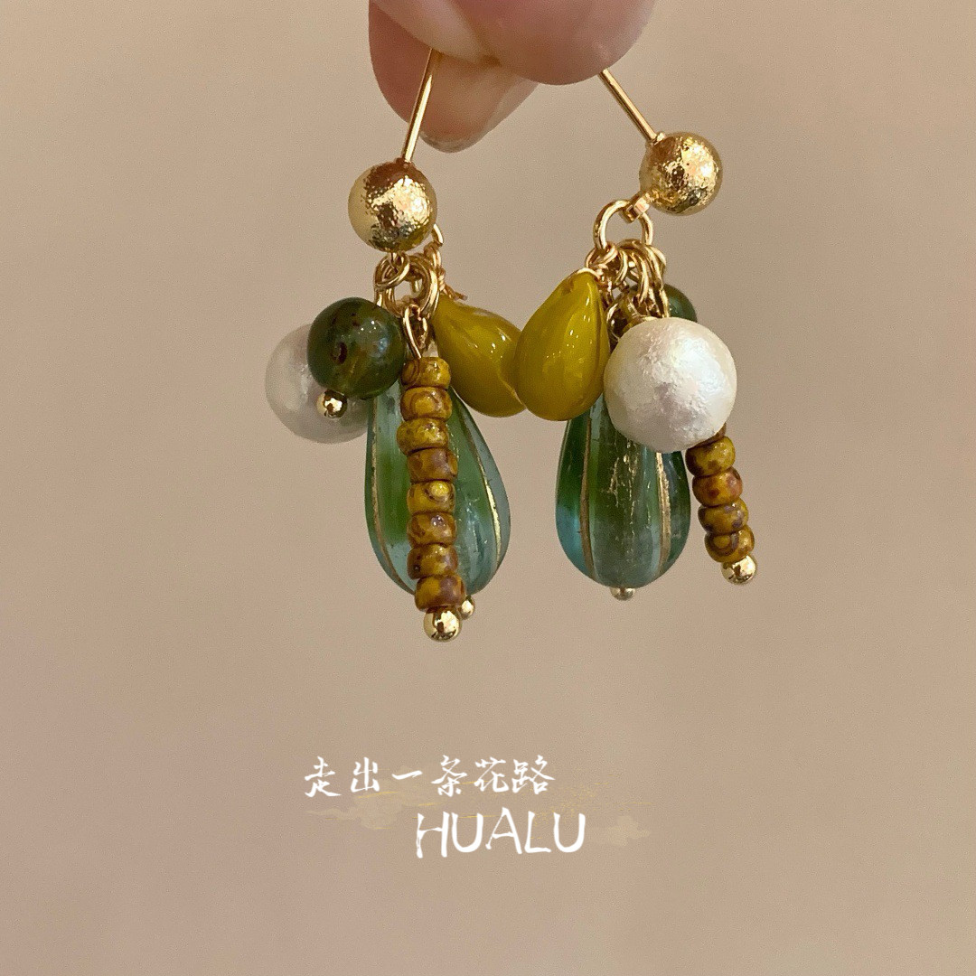 HUALU-中古私藏～新中式国风绿色水滴珍珠耳环复古文艺蚊香盘耳夹,饰品/流行首饰/时尚饰品新,耳环,淘宝优惠券,粉丝福利购,淘宝优惠卷