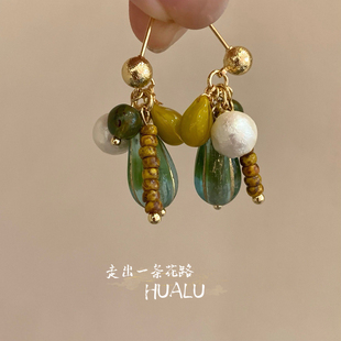 HUALU-中古私藏～新中式国风绿色水滴珍珠耳环复古文艺蚊香盘耳夹