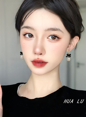 HUALU-海岛精灵 黑色蝴蝶结耳环高级小众耳坠蚊香盘耳夹女无耳洞