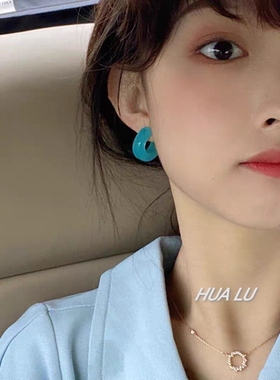 HUALU-冰透蓝绿色果冻街头ins风耳钉c型亚克力圈圈耳环耳夹