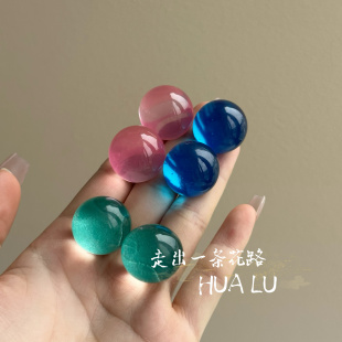 HUALU-琉璃果冻~清透彩色蓝绿色圆形大圆珠复古耳钉蚊香盘耳夹女