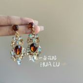 法式 HUALU 矜贵感 复古重工超闪水钻夸张晚宴vintage气质耳环耳夹
