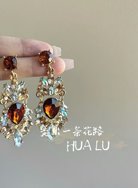 HUALU-矜贵感~法式复古重工超闪水钻夸张晚宴vintage气质耳环耳夹