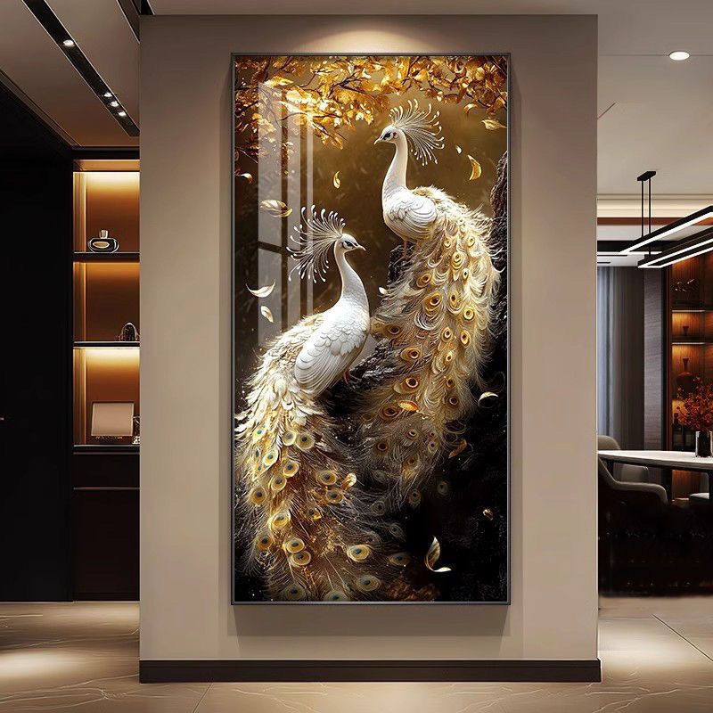 中式玄关装饰画孔雀竖版壁画高级感浮雕感肌理画过道走廊楼梯挂画图片