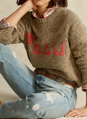美系经典R 女款 复古粗针花纱经典logo羊毛针织衫短款毛衣