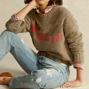 美系经典R 女款 复古粗针花纱经典logo羊毛针织衫短款毛衣