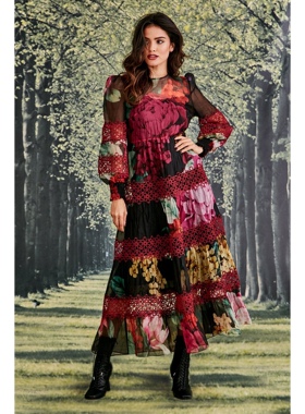 澳洲高端设计师TC 女款 $899 复古花卉印花蕾丝拼接薄纱连衣裙