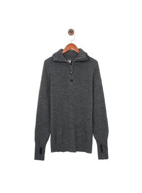 挪威户外M 男款 100%羊毛 灰色复古肘部补丁半高拉链针织衫 毛衣