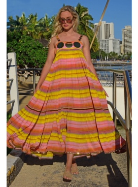 澳洲高端设计师TC 女款 真丝混纺 复古条纹层叠褶皱吊带连衣裙