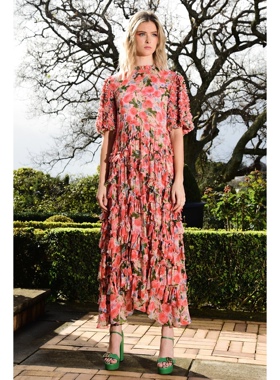 澳洲高端设计师TC 女款 $899 复古花卉褶边叠层泡泡袖连衣裙