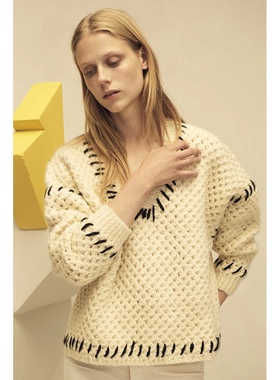 法系IM 主线 羊毛 涂鸦补丁v领短款针织衫毛衣 两色