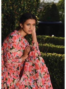 澳洲高端设计师TC 女款 复古花卉印花褶边薄纱连衣裙