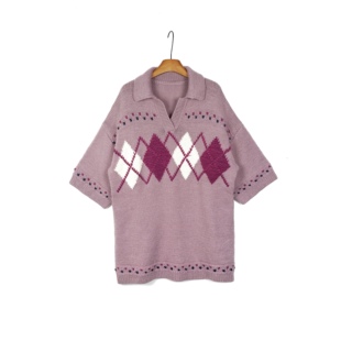 毛衣 法系IM 复古菱形嵌花粗针翻领针织衫 羊毛混纺 versize 女款