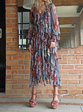 澳洲高端设计师TC 女款 $899 复古印花荷叶边叠层薄纱连衣裙