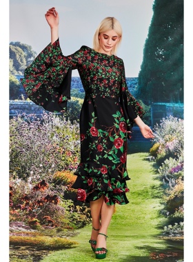 澳洲高端设计师TC 女款 复古荷叶边花卉印花喇叭袖真丝连衣裙