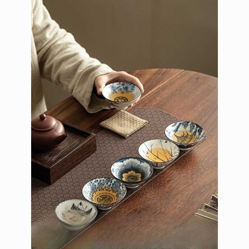 青花瓷功夫茶杯6只茶具套装陶瓷斗笠杯茶盏杯单杯盖碗茶碗主人杯