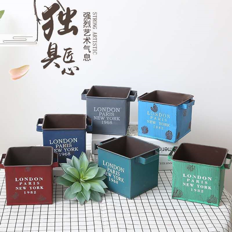多肉花盆 多肉植物复古做旧铁艺方盒绿植装饰收纳假花铁皮花盆