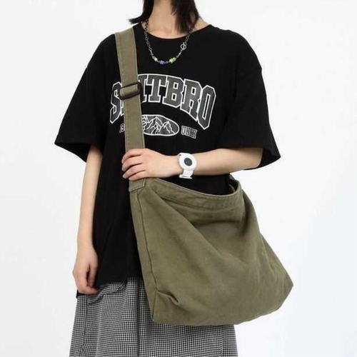 日系慵懒风帆布单肩大包女包宽肩带斜跨包 大容量男女学生帆布包