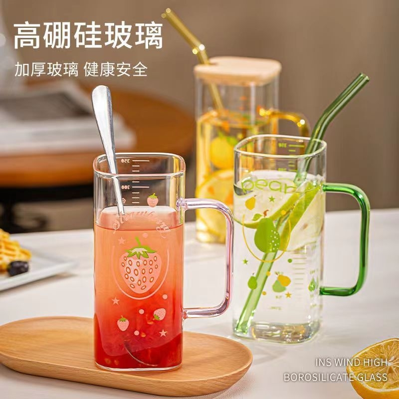 果汁玻璃水杯子高颜值吸管刻度杯方形水杯子家用勺子耐热水杯子