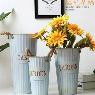 复古做旧铁皮花桶花店鲜花桶插花桶麻绳双耳装饰醒花桶美式花桶
