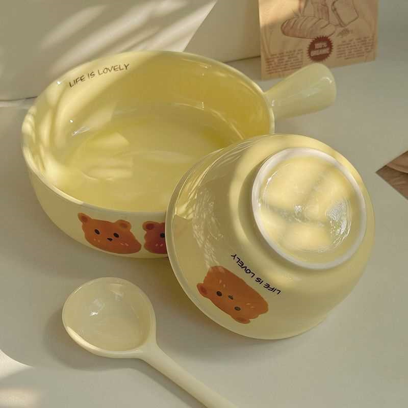 ins奶油熊一人食可爱卡通家用高颜值手把饭碗焗饭碗陶瓷餐具套装