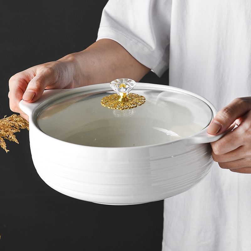 家用新款双耳防烫陶瓷汤盆汤碗简约日式酸菜鱼创意大号汤碗带勺子
