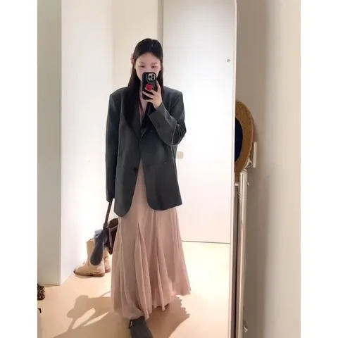 长袖西装连衣裙子灰色收腰气质套装吊带法式高级感外套