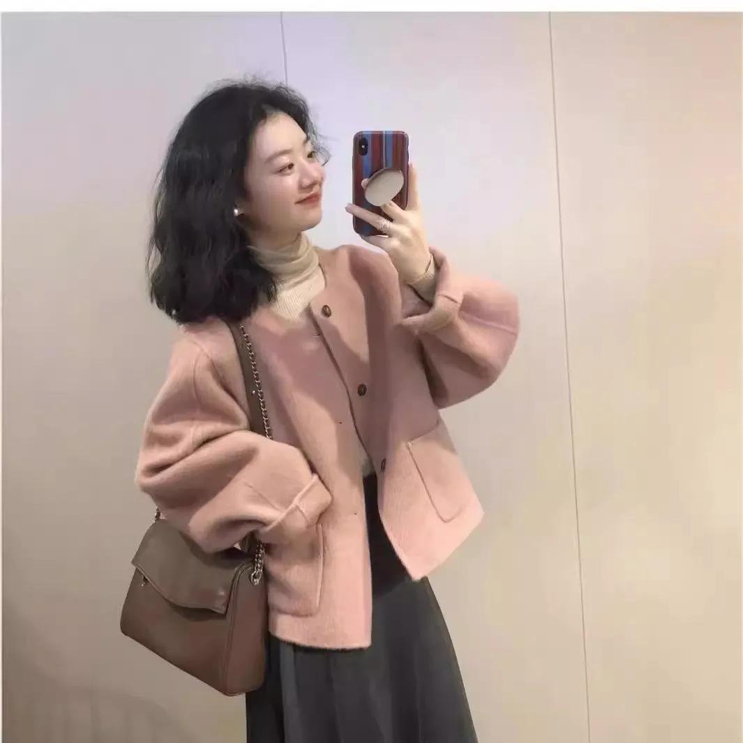 粉色短款呢子大衣女2025秋冬新款韩系小个子气质小香风毛呢外套潮