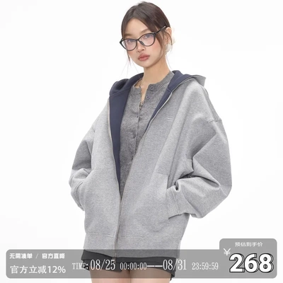 秋季外套女高级感灰色拼色连帽卫衣宽松韩系女装通勤显瘦穿搭上衣
