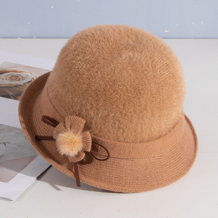 帽子女秋冬针织貂绒盆帽中老年妈妈优雅礼帽时尚复古保暖渔夫帽子