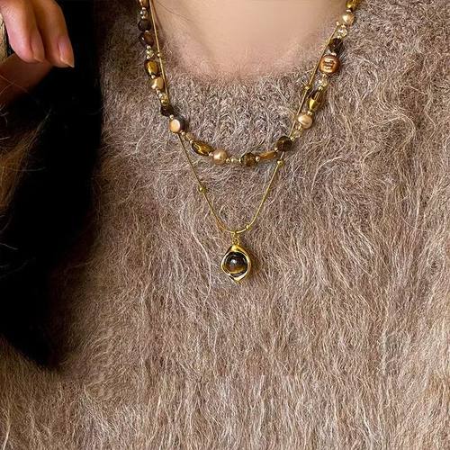 复古虎眼石款天然石串珠项链套装