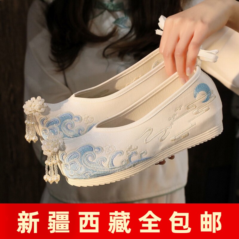 新疆包邮高跟汉服鞋子女古风鞋子汉元素古装翘头弓鞋流苏内增高六